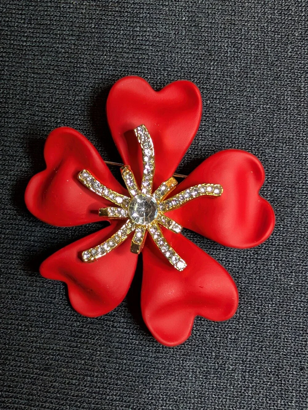 Red Floral Crystal Accented Brooch Pin - Women Jewelry
